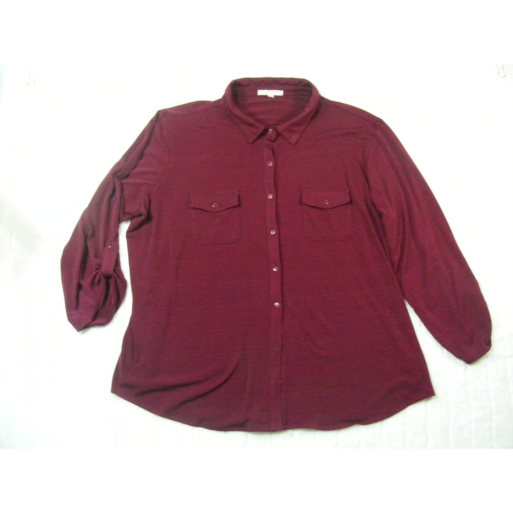 G Kollection Button Down Women 3X Burgundy Excellent Roll Tab Slub Shirt